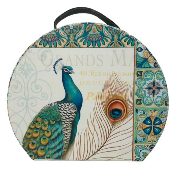 Peacock Themed Round Carry Case - Home Storage - Handle - Lined Interior - Picture 3 of 10